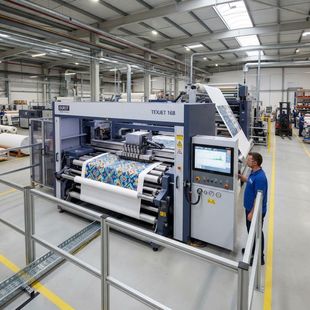 Equipamento industrial de corte têxtil em operação